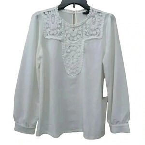 Halogen Women's Crochet Detail & Crepe Blouse, White, XS